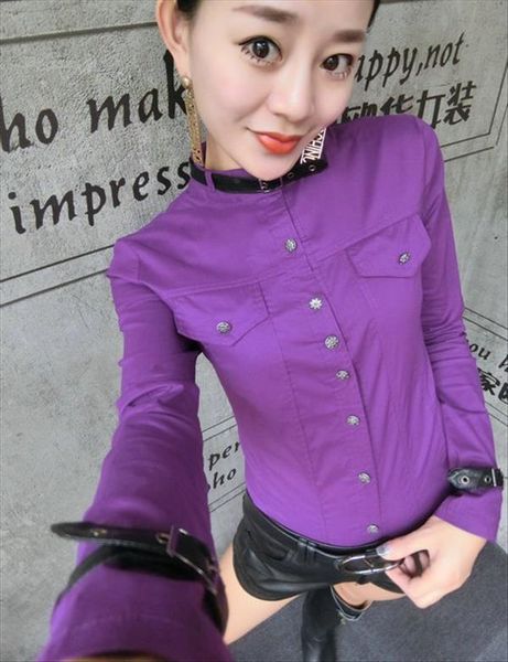 

office work long sleeve amry womens shirt green femme pu leather deco lady, White
