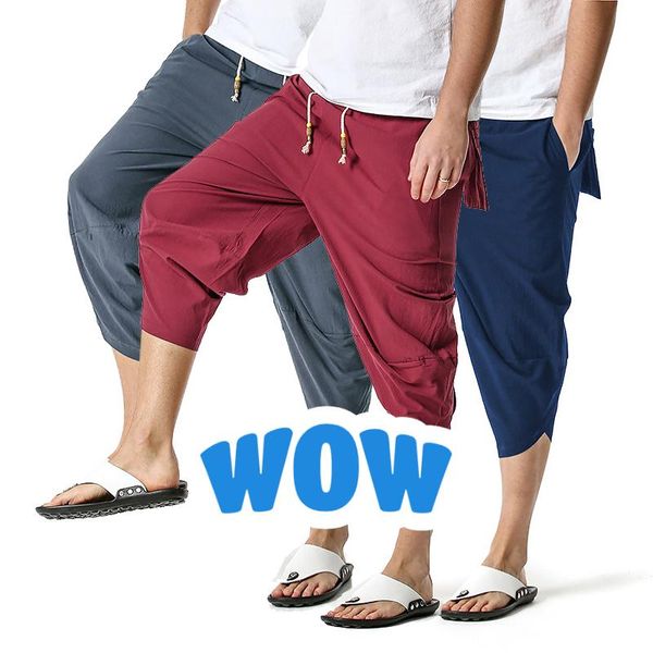 

men's harlem capris fashion casual street wide leg summer linen pants, Black