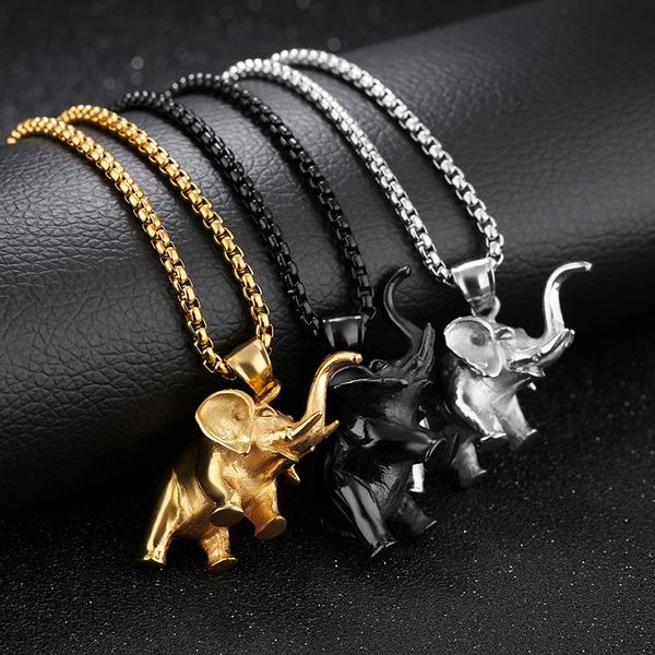 

pendant necklaces hip hop rock gold color stainless steel animal elephant necklace for men jewelry, Silver