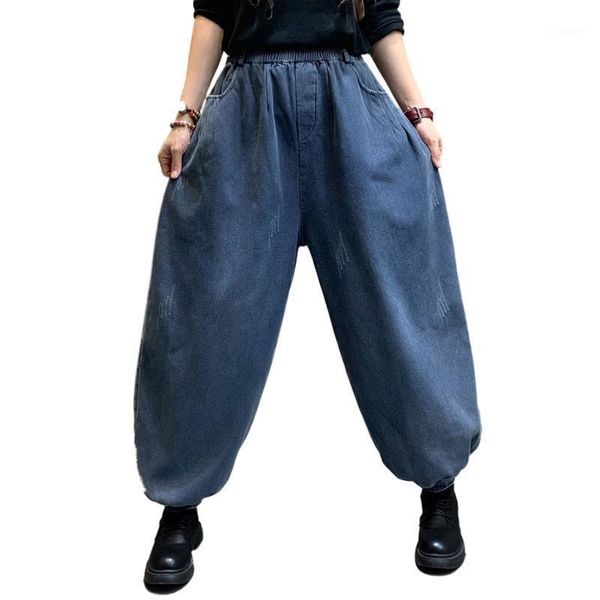 

women's jeans winter ladies solid color loose denim pants european style women casual street elastic waist harem fur retro trouser, Blue