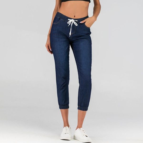 

women's jeans srogem denim jean women mom drawstring elastic jogger high waist ladies pants push up large size 5xl m03, Blue