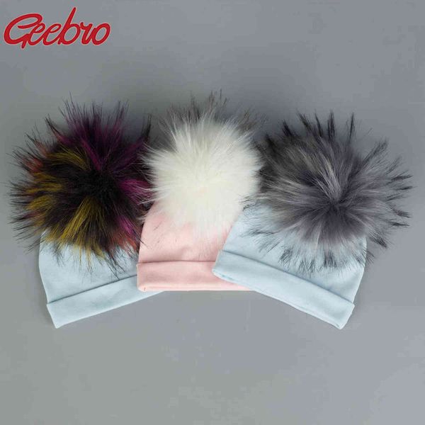

geebro newborn baby faux raccoon fur pompom beanie hats cotton solid hat for baby girls boys toddler winter children hats caps y21111, Blue;gray