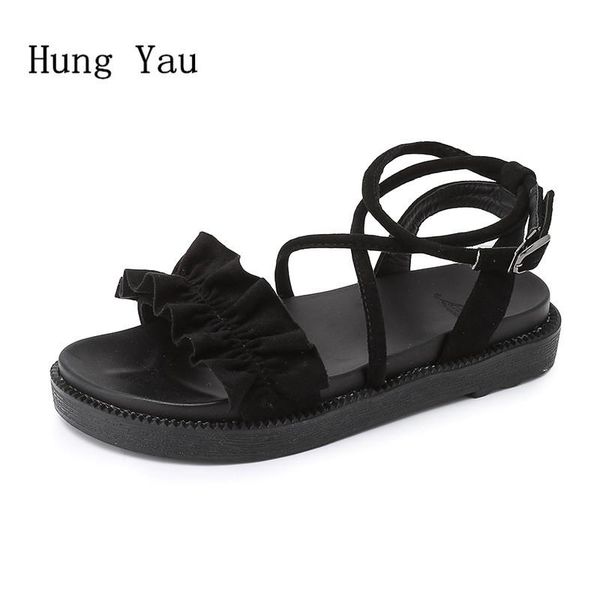 

dress shoes woman sandals 2021 summer style wedges flats women fashion slippers peep toe rome platform pleated solid plus size, Black