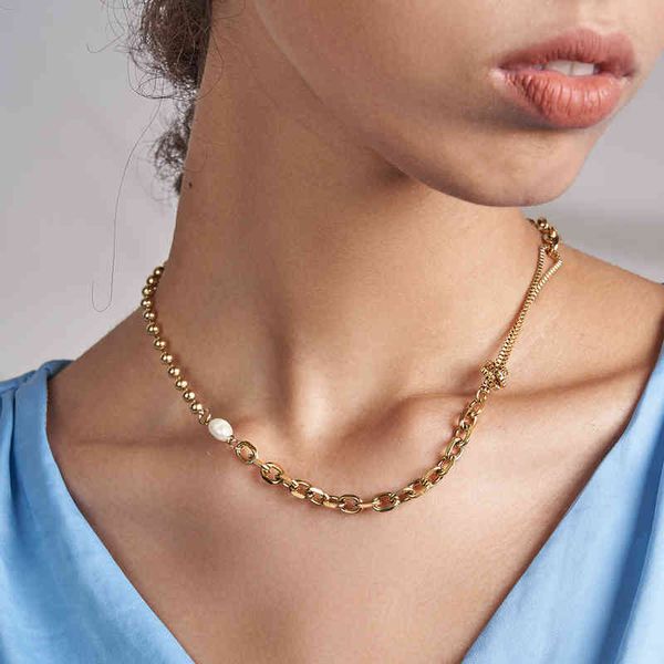 

enfashion kpop beads natural pearl necklace for women gold color link chain choker stainless steel collier fashion jewelry p3253, Silver