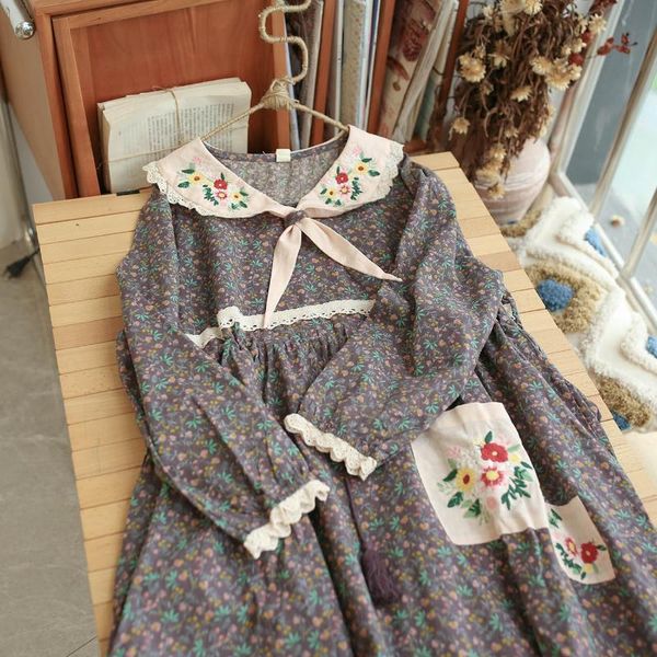 

casual dresses japan style mori girl cute floral embroidery scarf collar dress sweet lolita oversized cottage core spring autumn vintage, Black;gray
