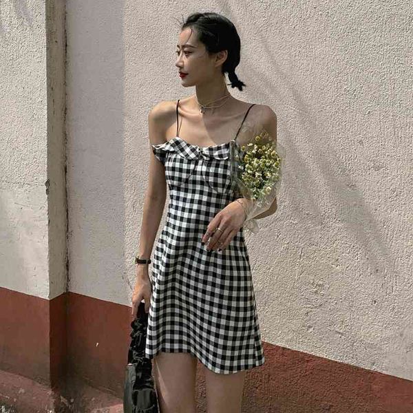 

vintage plaid summer sleeveless sling mini dress women party dresses, Black;gray