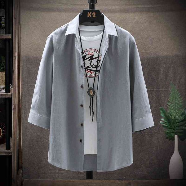 

2021 youth student korean summer solid color 3 / 4 sleeve men's backing fashion shirt, White;black