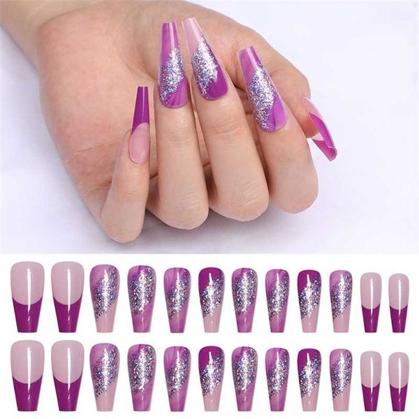 

false nails 24 pcs/set purple flower nail tips long ballerina fake full cover detachable acrylic beauty tools, Red;gold