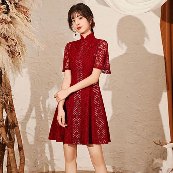 

ethnic clothing pleated flare sleeve evening party dress gown burgundy flower cheongsam lace mandarin collar qipao women chinese vestid, Red