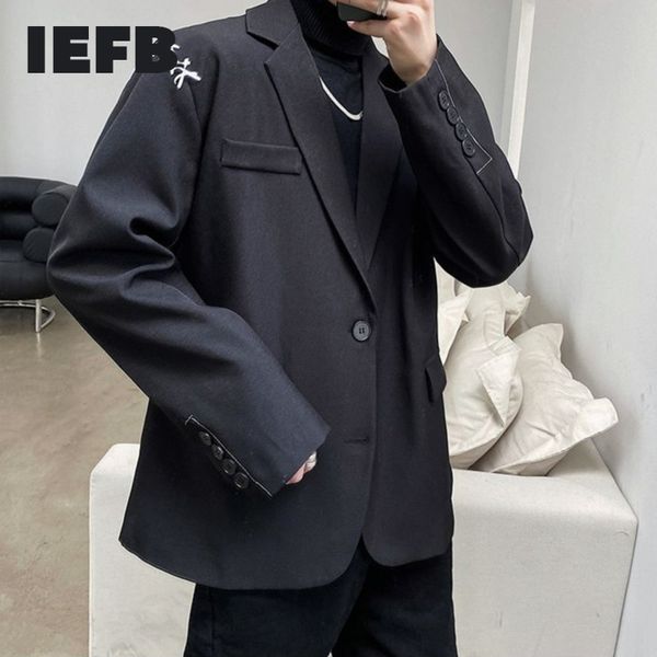 Blazer neri IEFB per uomo Primavera Autunno Spalla fatta a mano linea spessa nodo coreano abito cappotto streetwear moda panno 9Y4391 210524