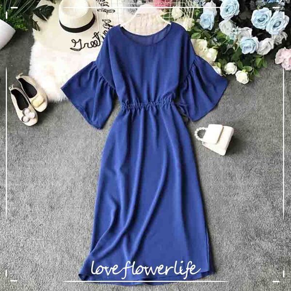 

women summer dress korean flare sleeve solid party long dress ladies sundress high waist chiffon dresses elegant vestidos 210521, Black;gray