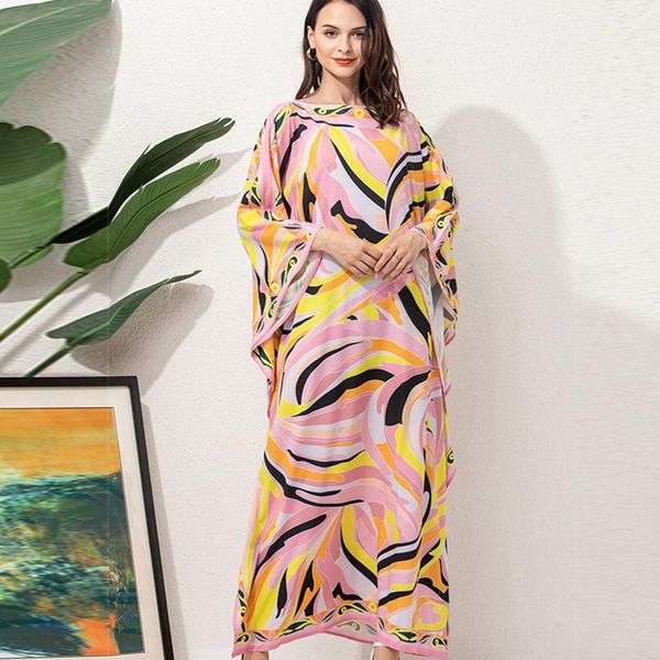 

casual dresses 2021 summer bohemian floor length loose dress women batwing sleeve knitting elastic printed holiday robe, Black;gray