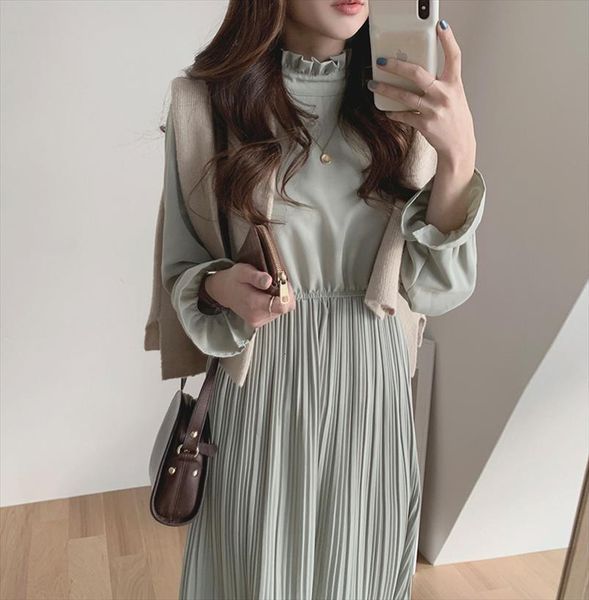 

korean dresses sundress vintage womens cami flare sleeve high collar chiffon dress elegant a line pleated elastic waist, White