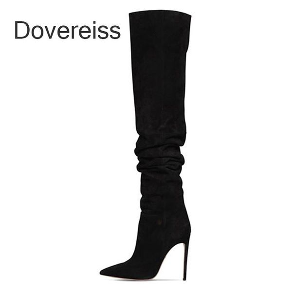 

boots dovereiss fashion female winter elegant suede clear heels stilettos over the knee 40 41 42 43, Black