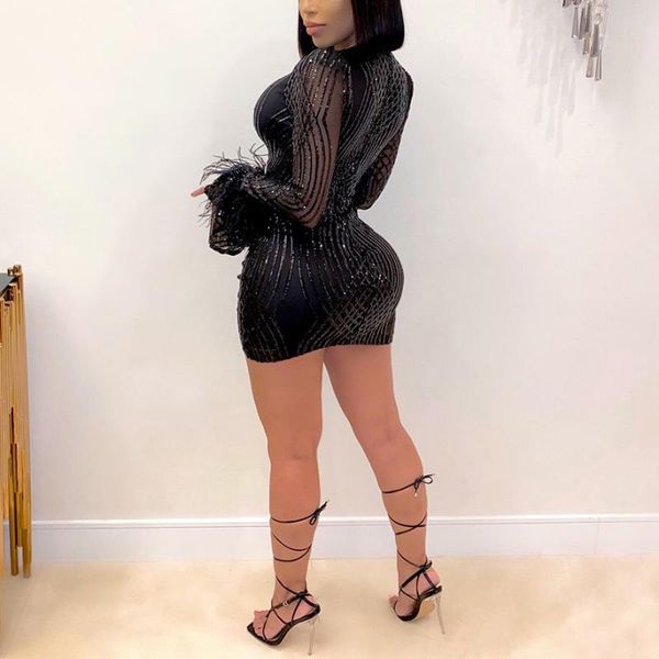 

casual dresses party night club dress 2021 long sleeve deep v neck mini length sequined bodycon vestidos for women, Black;gray