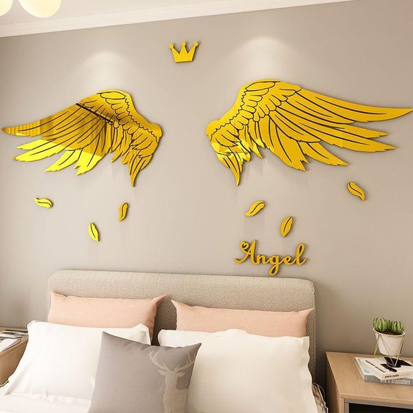 

wall stickers 3d mirror sticker golden wings diy tv background room decor bedroom art mural home decoration