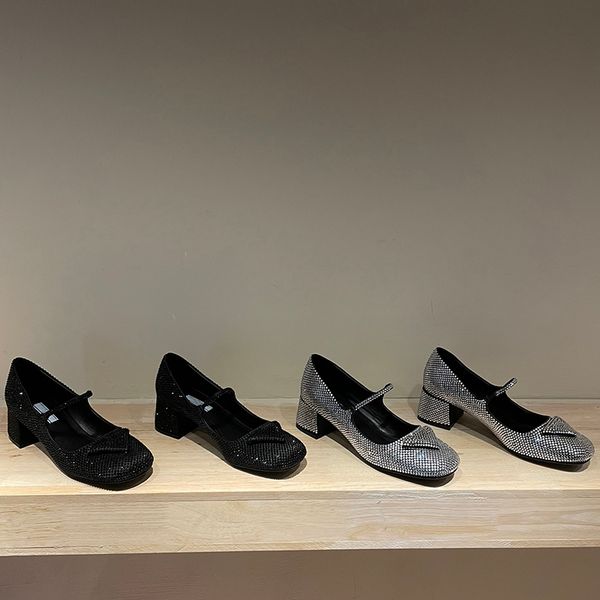 

womens dress shoes full diamond triangular buckle decoration pumps designers 4.5cm chunky heel large size 35-42 women shoe factory footwear, Black