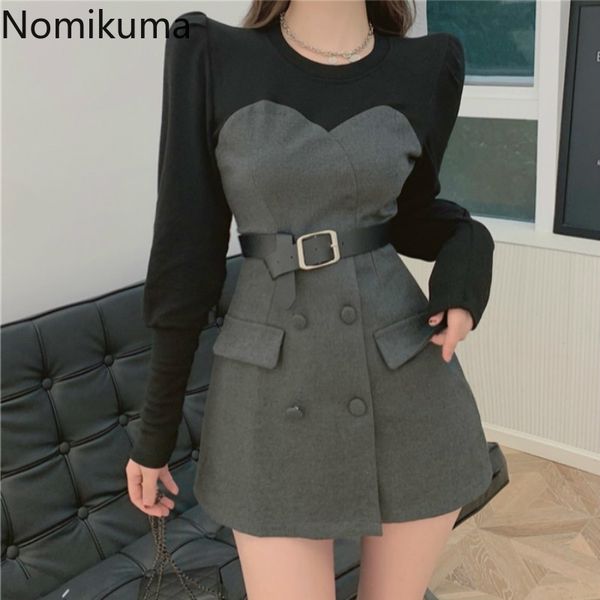 

nomikuma spring new elegant women dress korean double breasted belt slim waist vestidos femme fake two pieces dresses 6d801 210427, Black;gray
