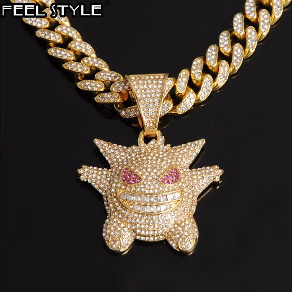 

hip hop iced out gengar bling ghost alloy gold color pendant & necklace 13 mm cuban chain for men women jewelry necklaces, Silver