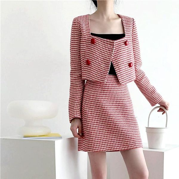 

two piece dress fashion women autumn winter suit office party outfit red vintage plaid short tweed woolen jacket and skirt 2 pcs sy182, White