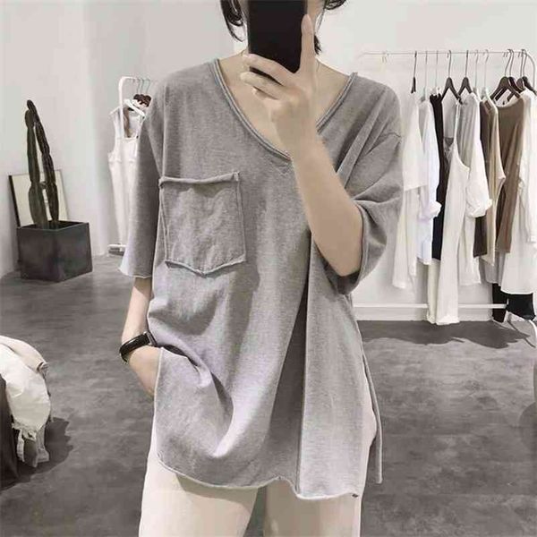 

new arrival summer korea fashion women v-neck short sleeve t-shirt all-matched casual loose tee shirt femme plus size c01 210401, White