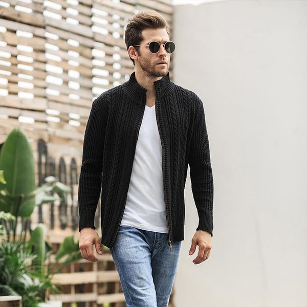 

men's sweaters autumn winter sweater men korean fashion turtleneck jacquard warm cardigan solid color zipper collar knitted wear -xxxl, White;black