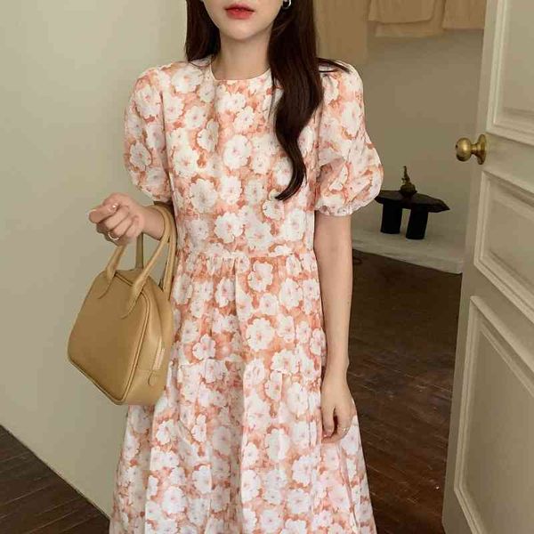 

casual dresses french sweet oil painting gentle wind embossed big flowers waist and thin puff sleeve dress two colors pit8, Black;gray