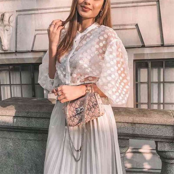 

puwd casual woman white loose dot seethrough blouse spring ladies puff sleeve shirts female elegant streetwear 210401