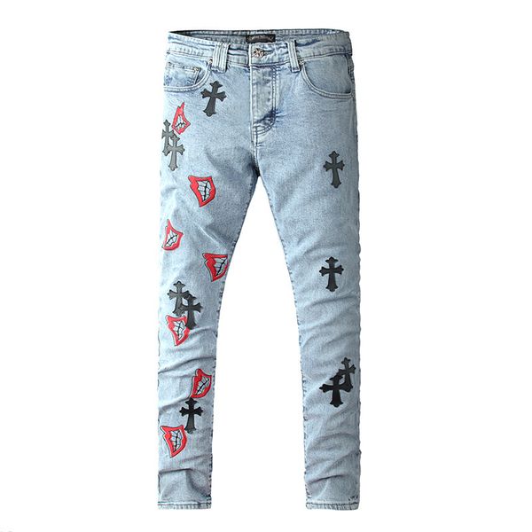 

jeans men's light blue cross print casual high street leggings