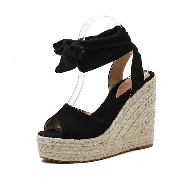 

slippers gladiator sandals women platform wedges high heels shoes straw peep toe summer ankle-wrap yf3q, Black