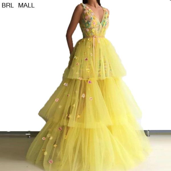 

bright yellow tulle prom dresses a-line 3d-floral appliques long formal gowns v neck evening dress party celebrity, White;black