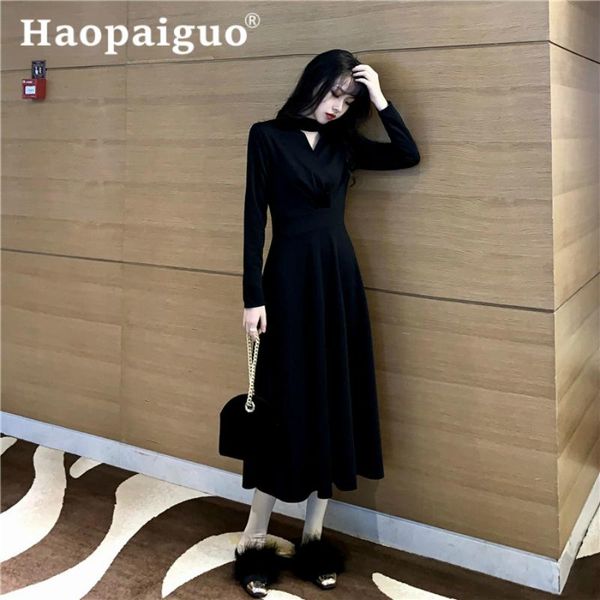 

casual dresses 2021 autumn winter sheath package hip dress women long sleeve midi black a-line oversized ladies ropa, Black;gray
