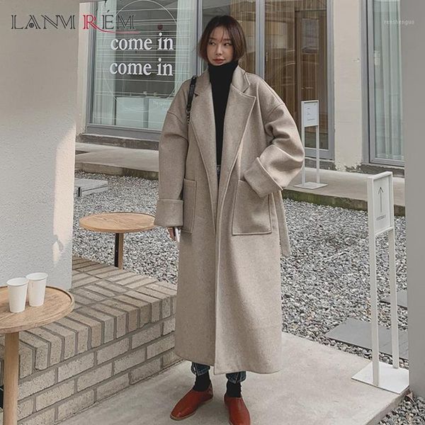 

women's wool & blends lanmrem 2021 autumn winter turn-down collar long-sleeved lace up thick over the knee black women woolen coat fash