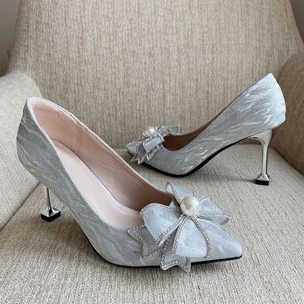 

luxury dress shoes 6939-41 high women's thin heels bowknot pointed bridmaid single sho shallow mouth wedding sho women's 2021 styl, Black