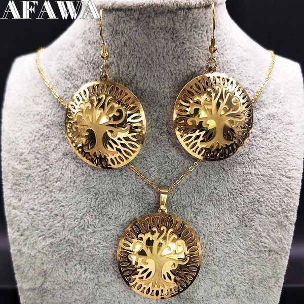 

earrings & necklace fashion tree of life stainless steel enamel jewelry set women gold color sets jewellery joyas s178566s02, Silver