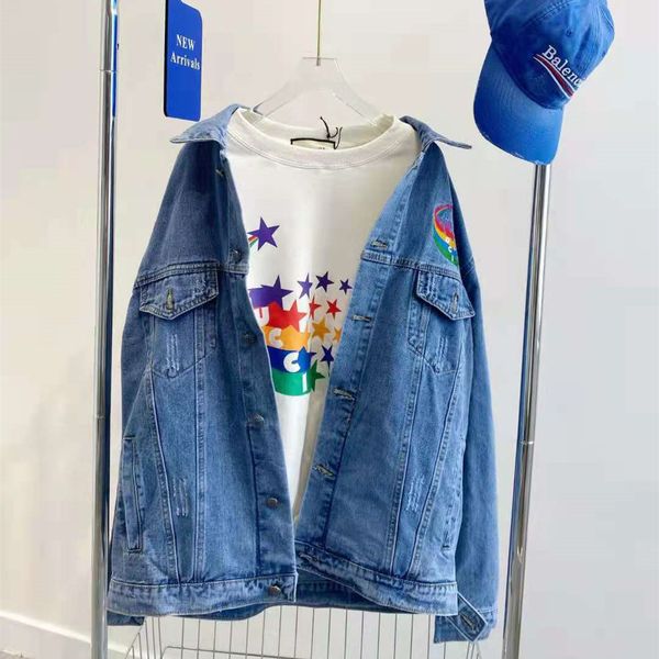 

high version 2021 autumn new fashion rainbow meteor embroidery casual loose simple couple denim jacket, Black;brown
