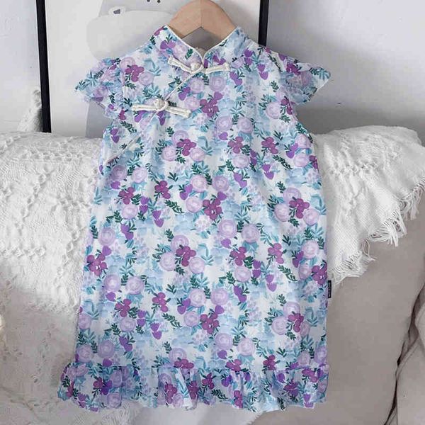 

girl's dresses summer light girl clothing kids clothes girls children chiffon floral cheongsam 0d9a, Red;yellow