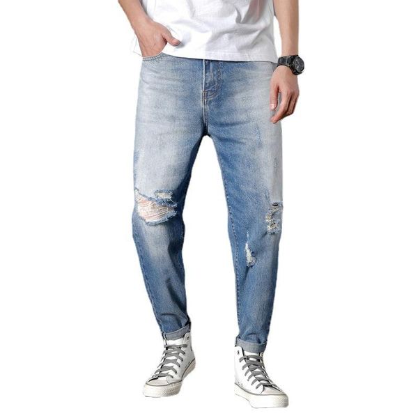 

men's jeans men drawstring high waist desighner jean pants autumn mens clothing biker straight denim washed hole pant trousers blue