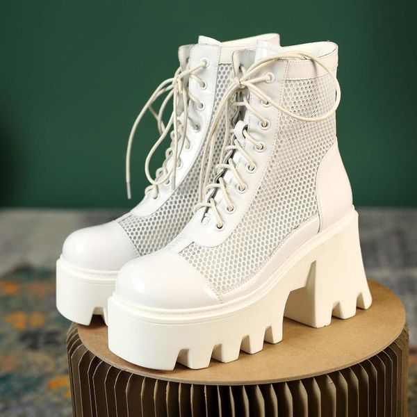 

boots arden furtado summer fashion women's shoes chunky heels elegant white wire side cross lacing platform ankle, Black