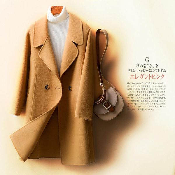 

women's wool & blends medium and long double-sided coat fashion temperament in autumn winter 2021 solid color, Black