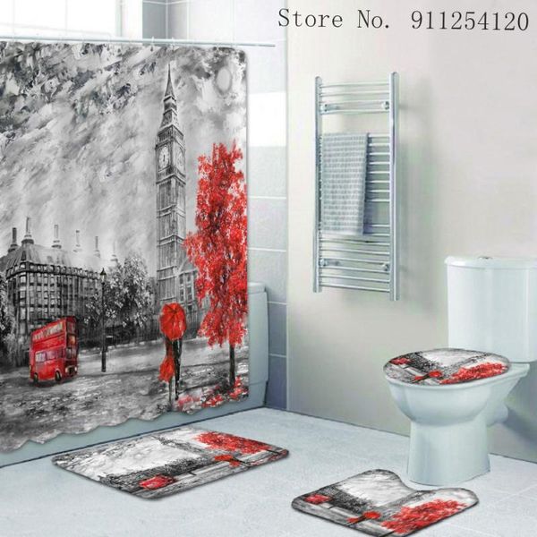 

shower curtains retro paris tower curtain vintage 4pcs bathroom set toilet seat cover rugs non-slip bath mat 3d print decor