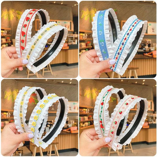 

hair accessories korean version of the girl band, retro fabric embroidery headdress, cartoon strawberry lace broken headband, Slivery;white