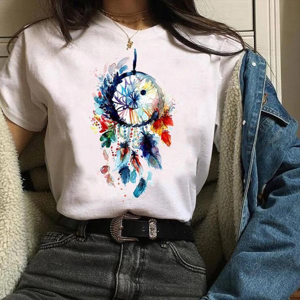 

men clothes lady tees t shirt graphic cartoon watercolor dream web flower feather clothing female mens, White;black