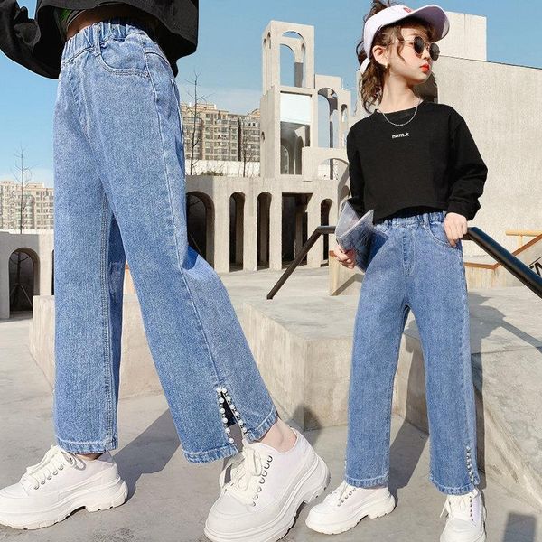 

jeans for girl pearls straight wide leg pants spring autumn children casual style teenager clothes 6 8 9 10 12 14y, Blue