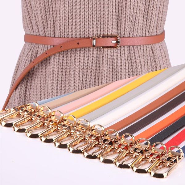 

elastic women belts thin skinny ladies belt dress waist leather gold buckle female red fashion brand, Black;brown