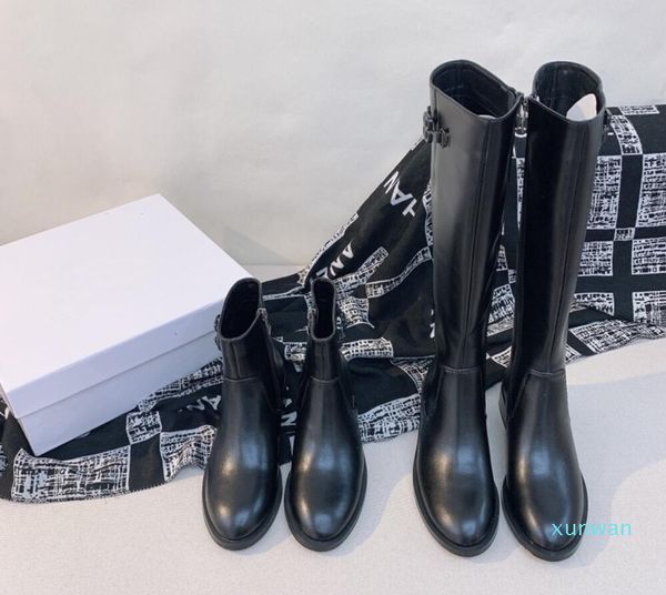 

2021 real leather women high short boots luxury designer buckles black winter snow rain boot lady 35-40
