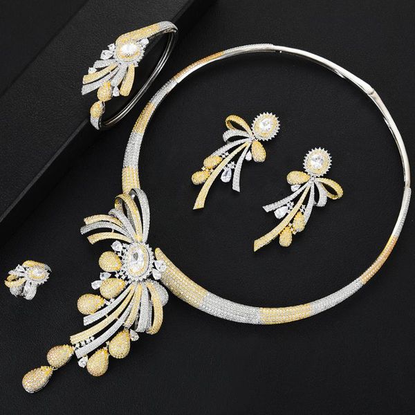 

earrings & necklace blachette tassel flower leaf luxury nigerian wedding naija for women bride cubic zirconia dubai 4pcs dress jewelry set, Silver
