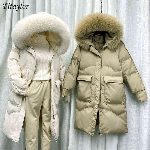 

fi winter large natural fur collar hooded down long jacket women white duck down coat windbreak sleeve warm outwear 211130, Black