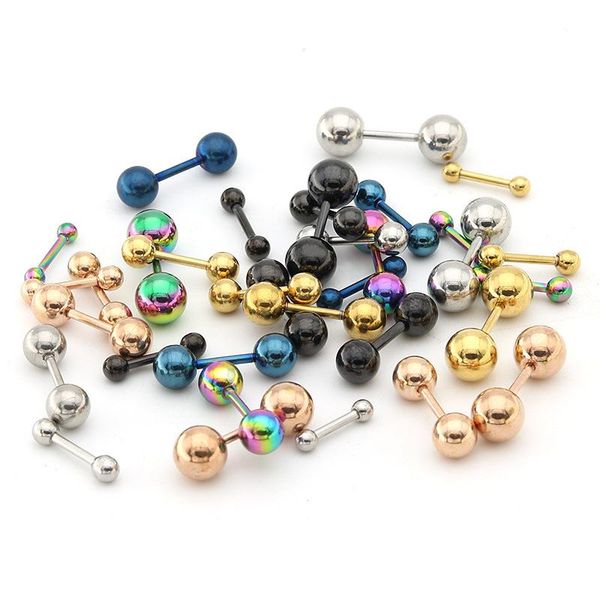 

stud fashion men women dumbbell barbell earrings silver gold black titanium steel round studs ear piercing jewelry, Golden;silver