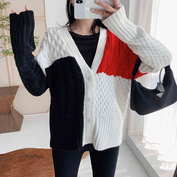 

lazy color matching v-neck tb sweater coat women's loose outer wear thick knitted cardigan autumn and winter new style, White;black